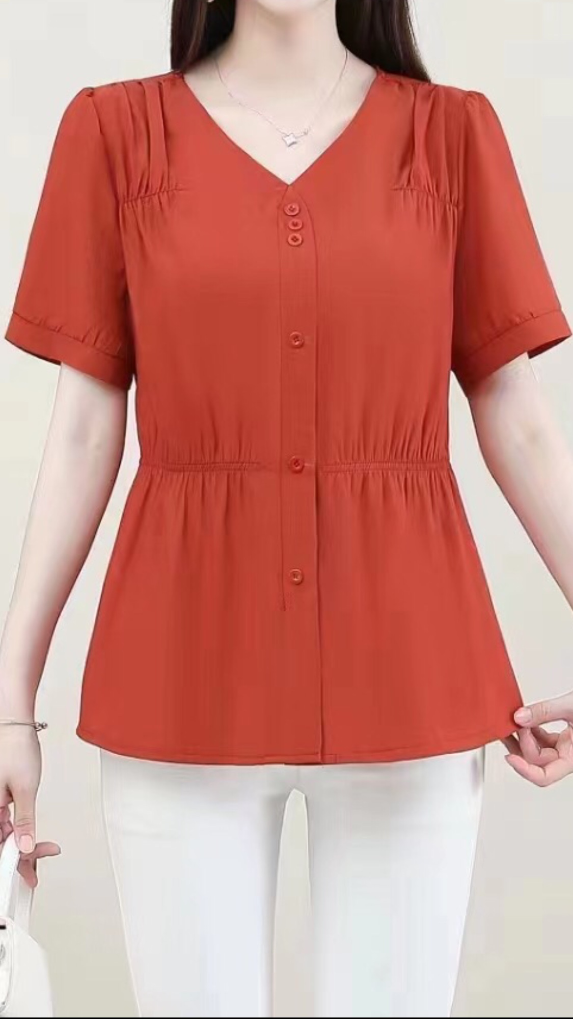 2023夏季新款女装中年收腰Ｖ领上衣XL-5XL橘色开衫详情图2