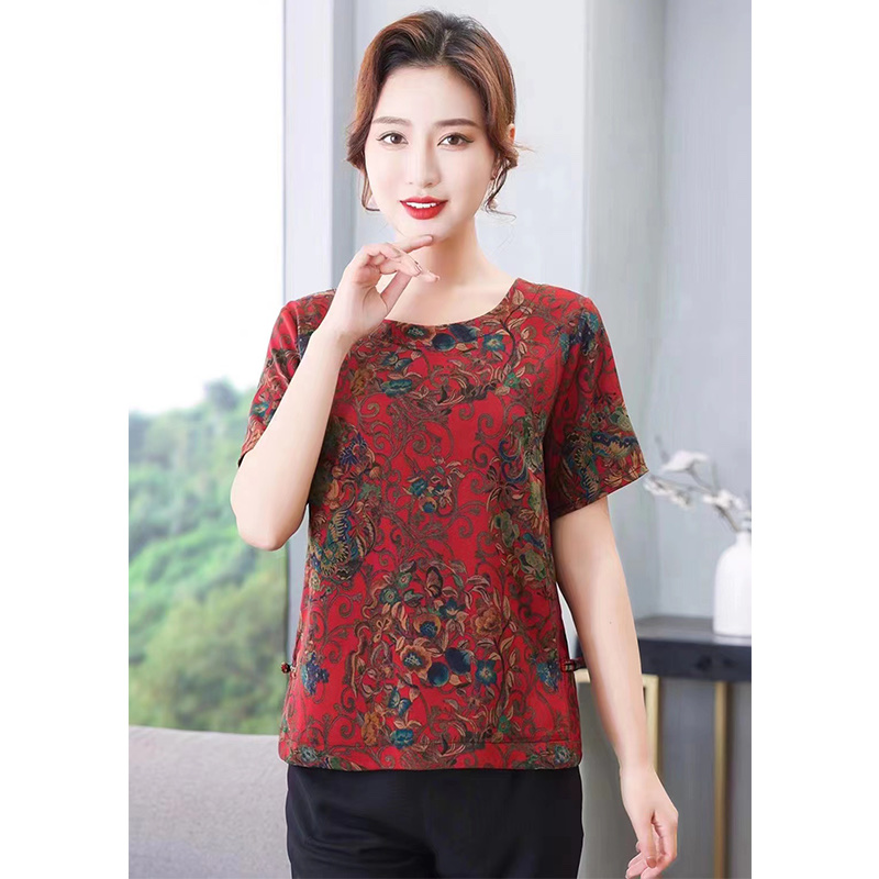 Verano 2023 nuevo estilo coreano para mujeres de edad media mamá XL-5XL cuello redondo manga corta top Item Picture
