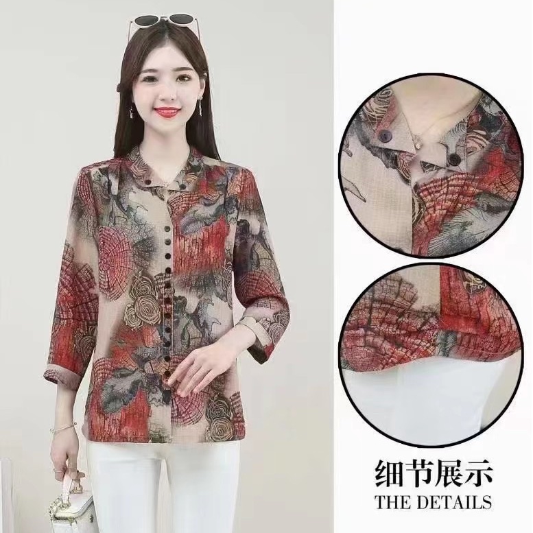 2023 new summer women middle-aged mother dress XL-5XL printed sleeve horn collar cardigan top