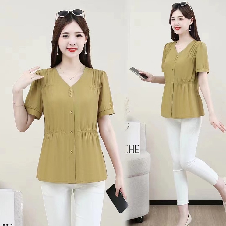 2023 summer new women's waistline V-neck top XL-5XL plain cardigan