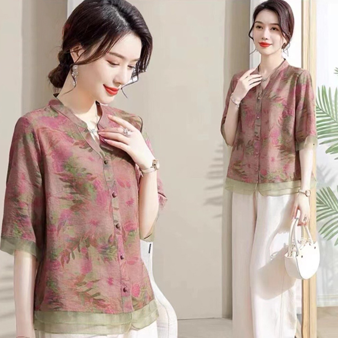 Verano 2023 nuevo estilo mujer madre de mediana edad manga corta bicolor estampado top XL-5XL insertado cardigan