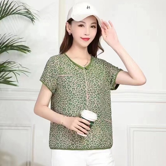 2023 summer new women's middle-aged mother dress XL-5XL leopard flower short sleeve top