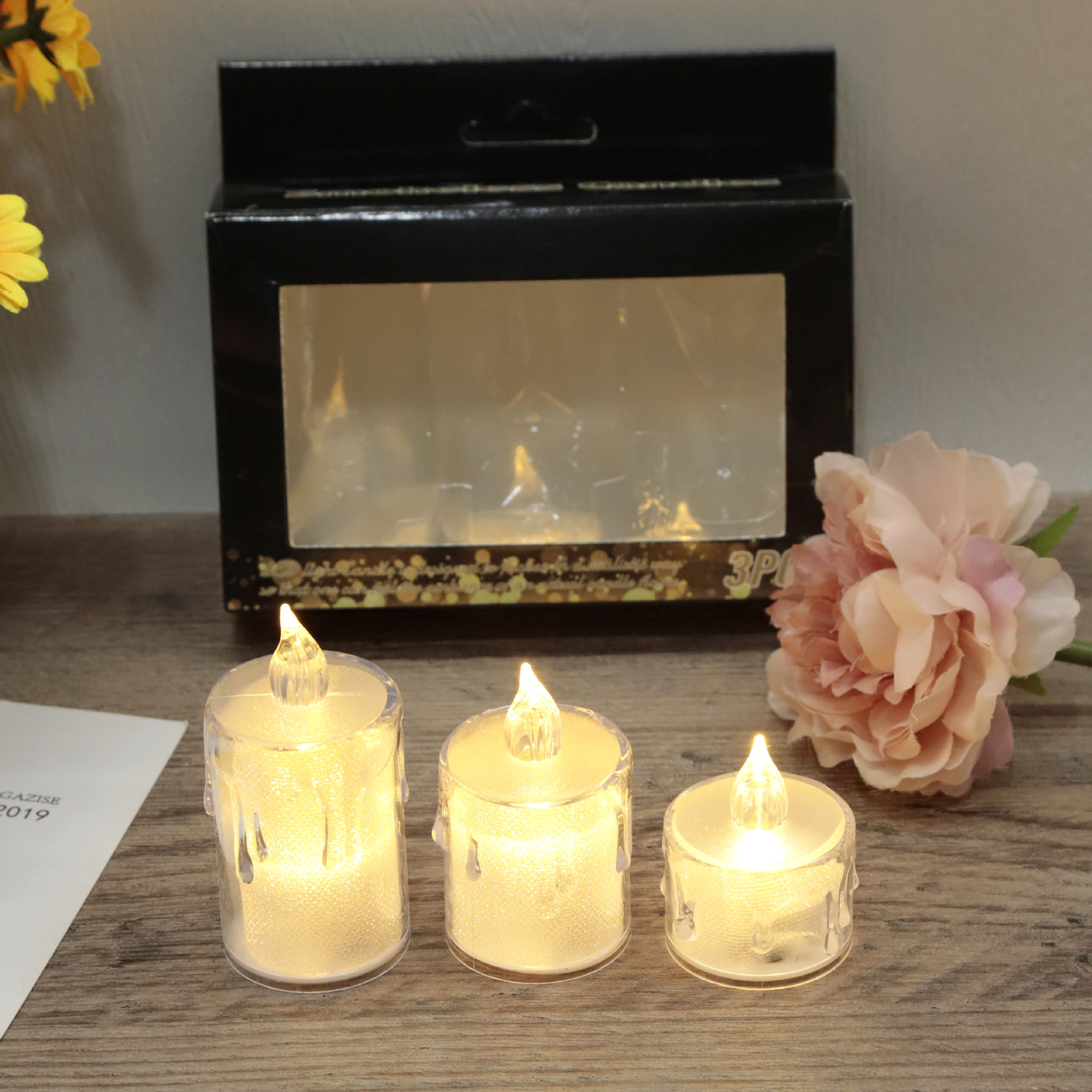 3-piece set of acrylic transparent crystal tearful creative festival atmosphere decoration LED small candle electronic tea wax lamp Specification image