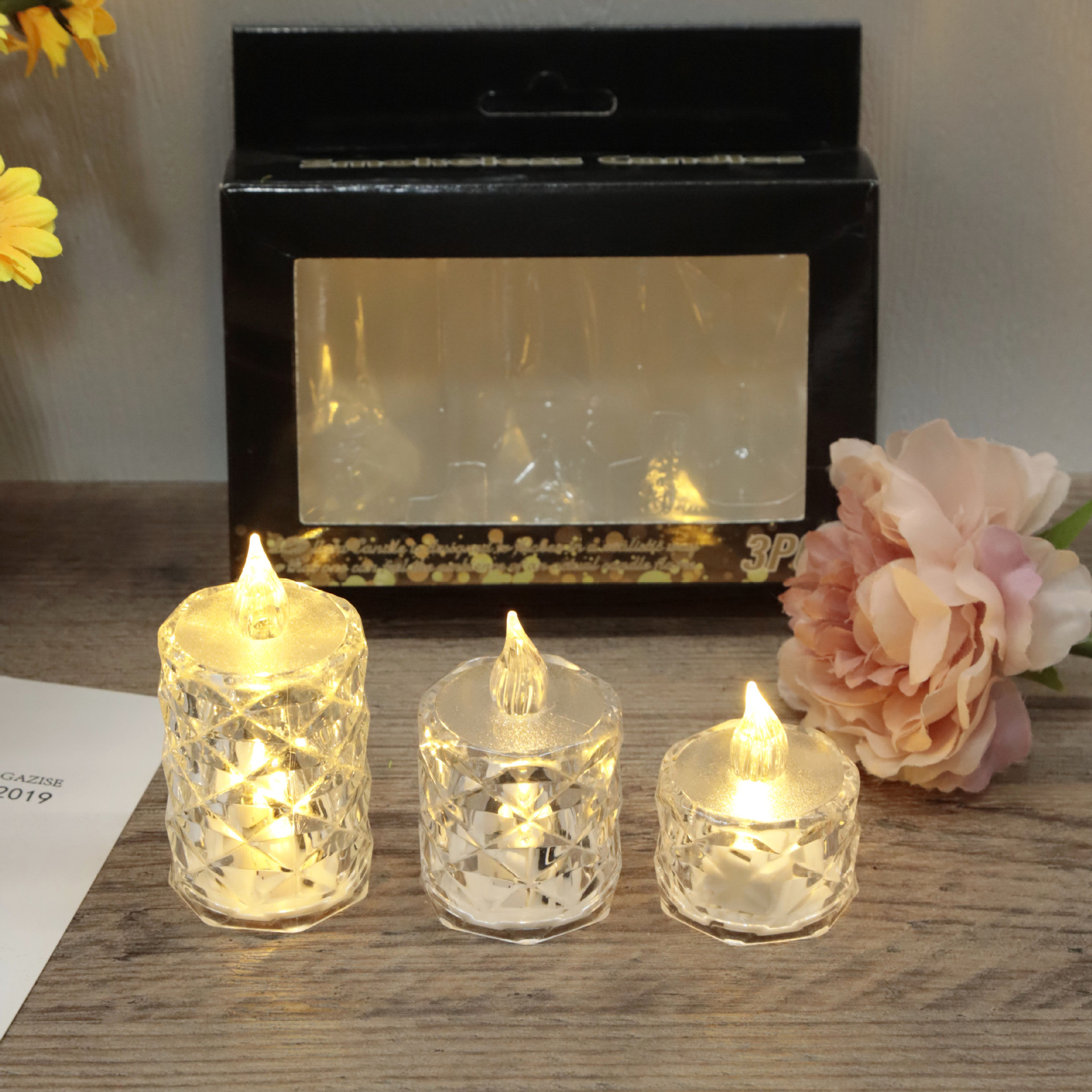 3-piece set of acrylic transparent crystal tearful creative festival atmosphere decoration LED small candle electronic tea wax lamp Application Scenario