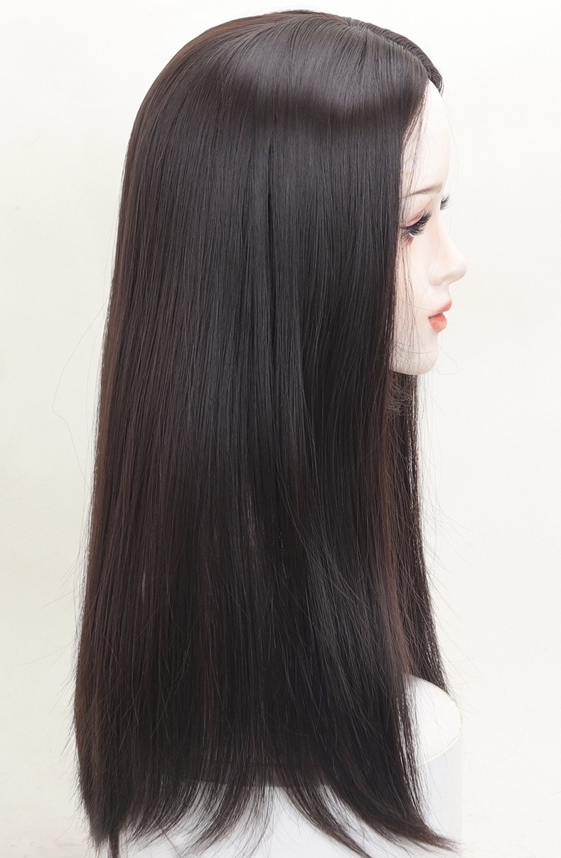 Middle-parted long bangs female straight hair full head set, black long straight waist-length fluffy goddess-like wig with middle-parted bangs Item Picture