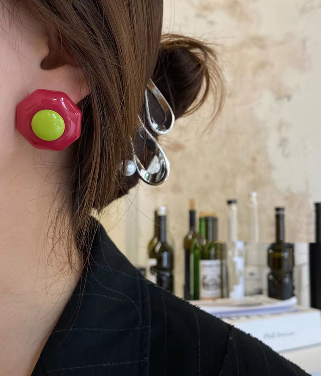 Korean style pagoda candy cute geometric contrasting color stud earrings, spring and summer bright color lively and youthful earrings, ins earrings, Stardew accessories 1 details Picture