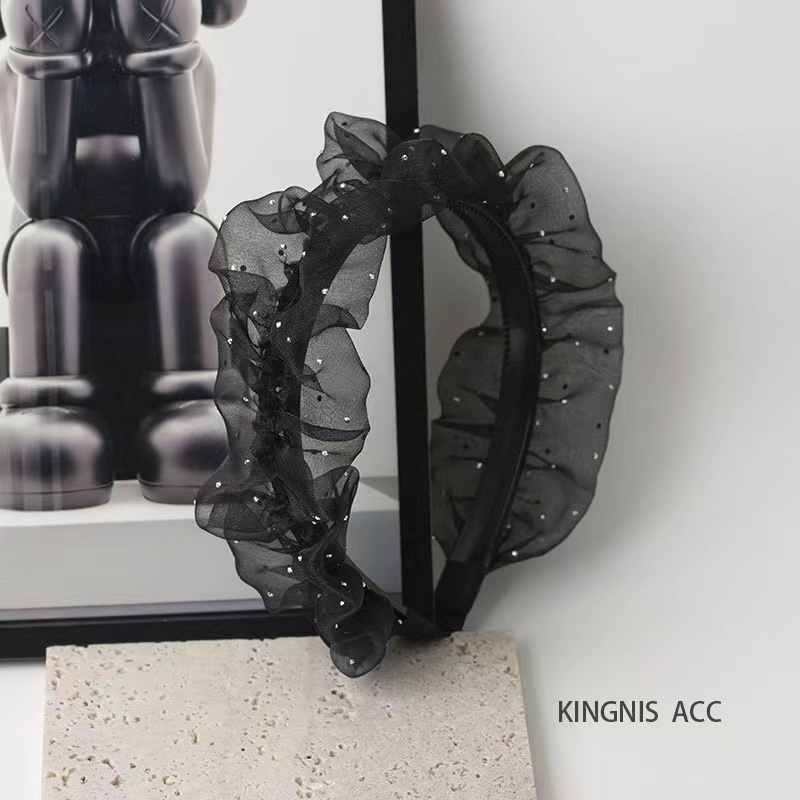 新款布艺甜美绢纱发箍女生可爱百搭头箍宽边不勒头发韩版新款褶皱宽边发箍高级感外出百搭耐看高颅顶压发头饰女黑色