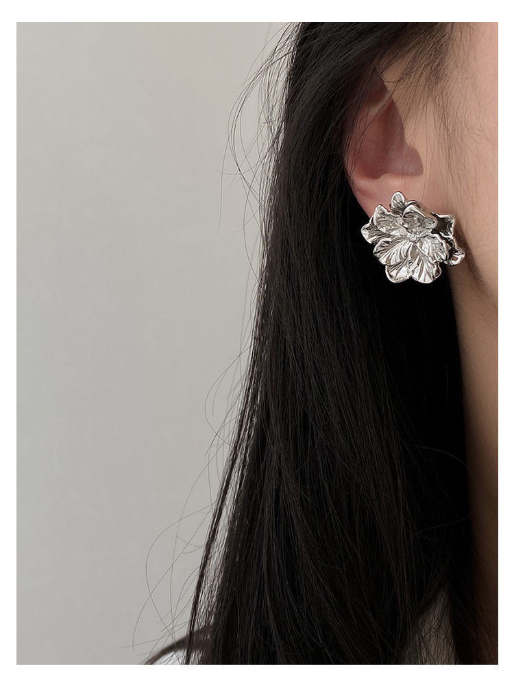 Doudoustore Foggy Flower 925 Silver Needle Metal Liquid Flower Earrings Female Sweet Cool Temperament Stud Earrings