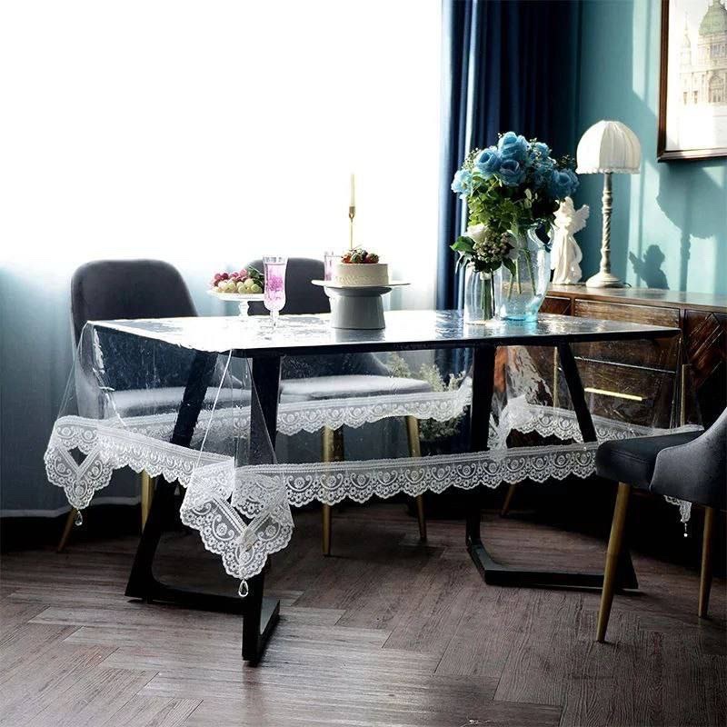 wPVC桌布防水防油透明桌垫免洗茶几布水晶板软玻璃盖布 蕾丝餐桌布图