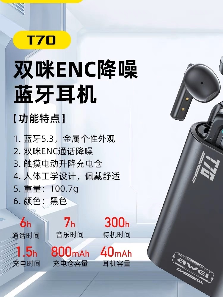 Awei/用维 T70新品降噪蓝牙耳机 电机升降全金属 tws无线耳机详情图1