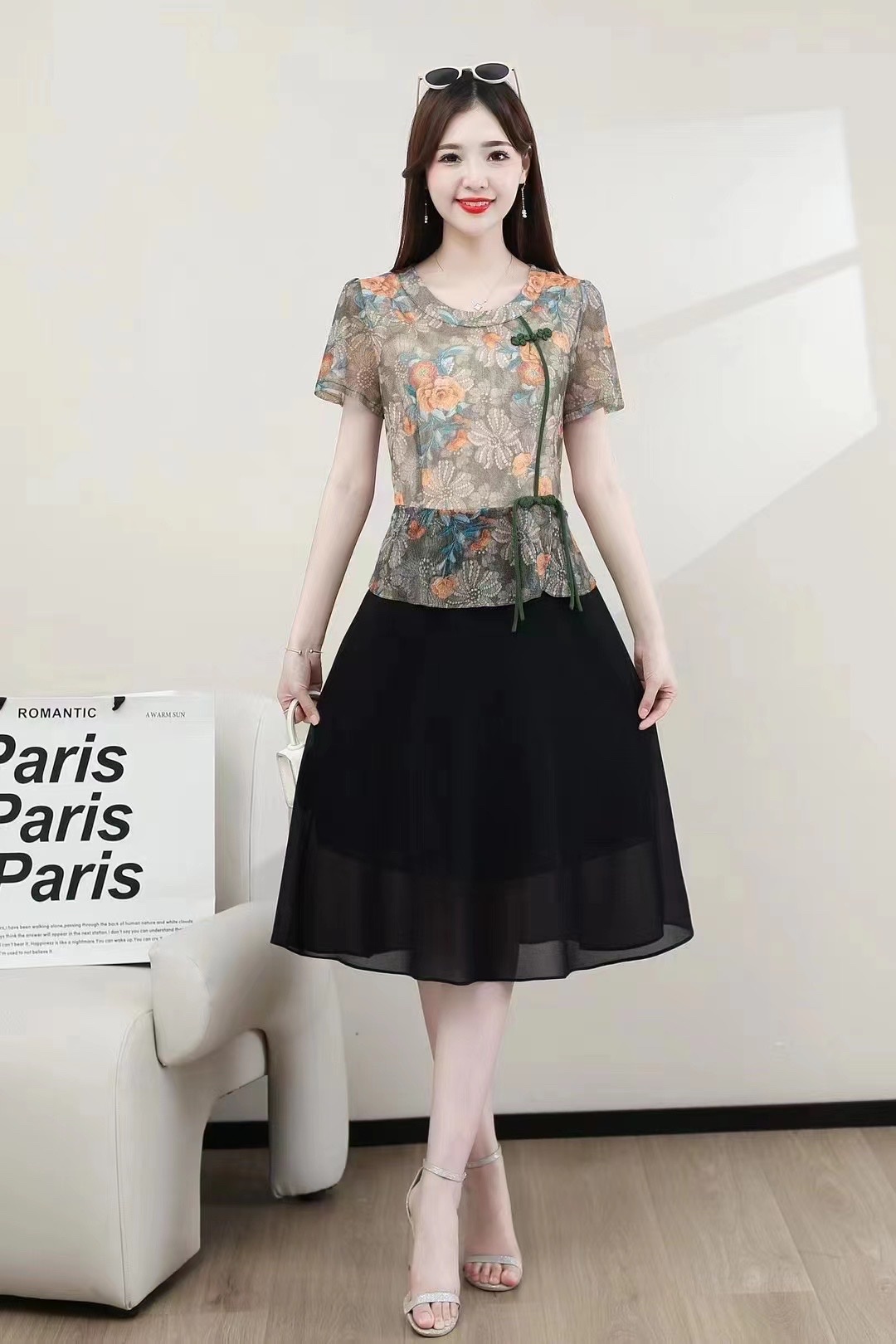 23 new women's fashion patchwork black dress floral dress