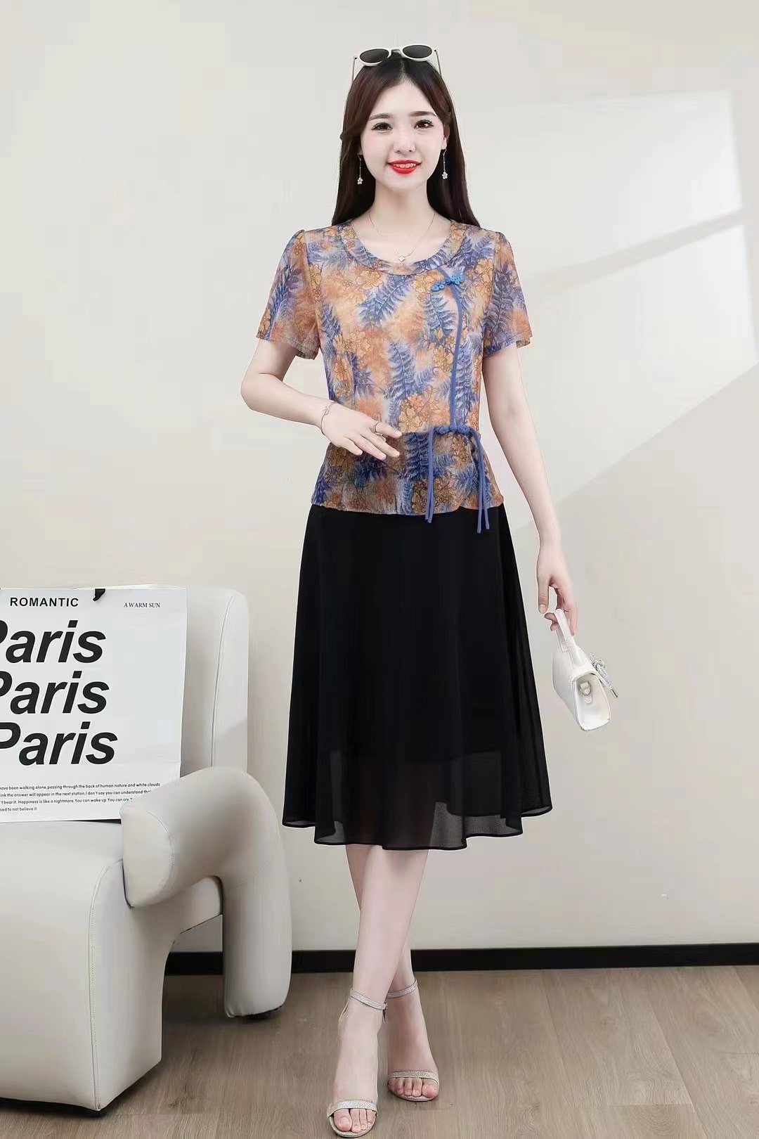 23 new women's fashion patchwork black dress big floral dress