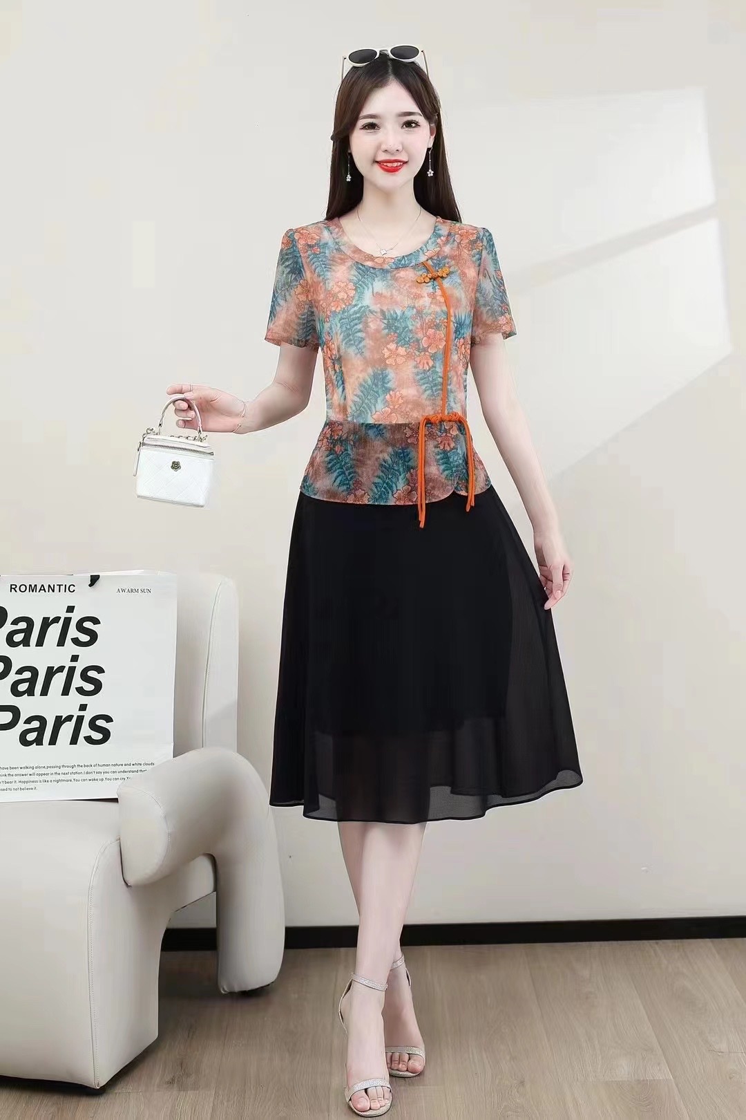 23 new women's fashion patchwork black skirt floral top dress
