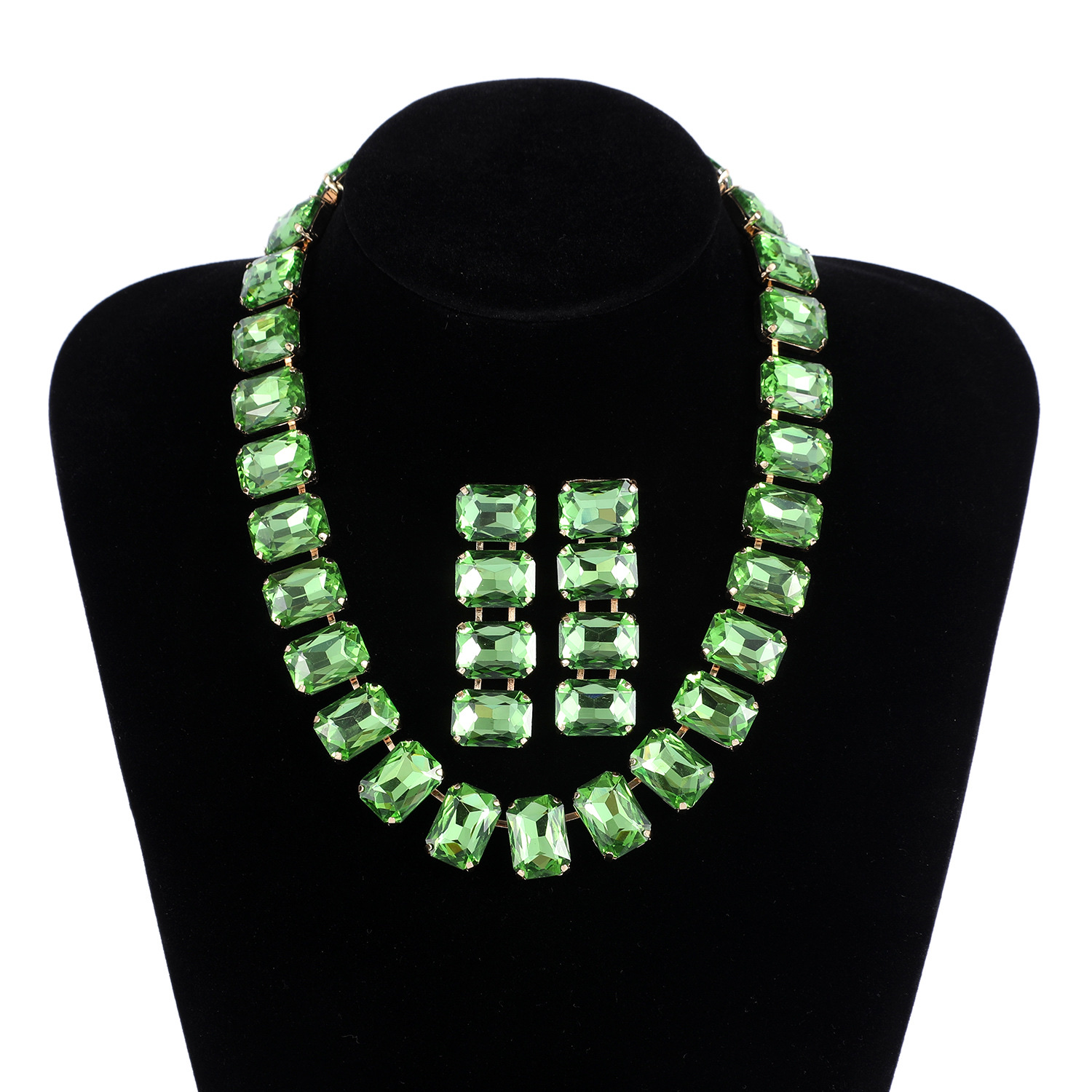 Cross-border best-selling green crystal necklace and earring set, European and American accessories, fashionable and luxurious full diamond collarbone chain cxzs
