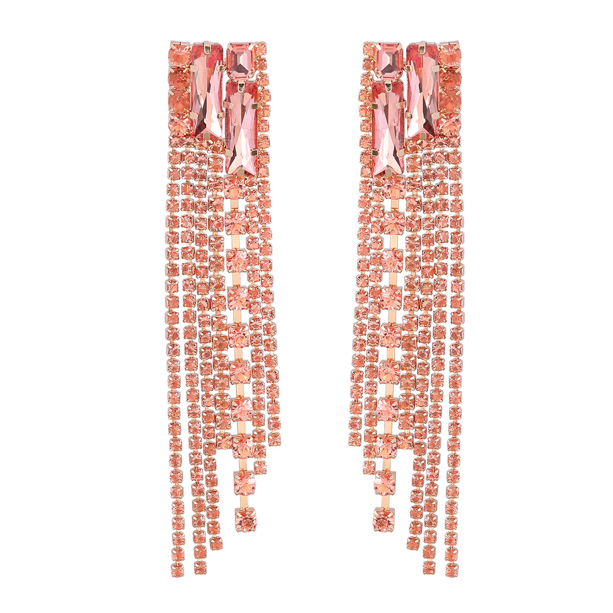 European and American exaggerated square alloy diamond-encrusted rhinestone long tassel earrings, trendy women's full diamond super fairy earrings Cxzs Item Picture