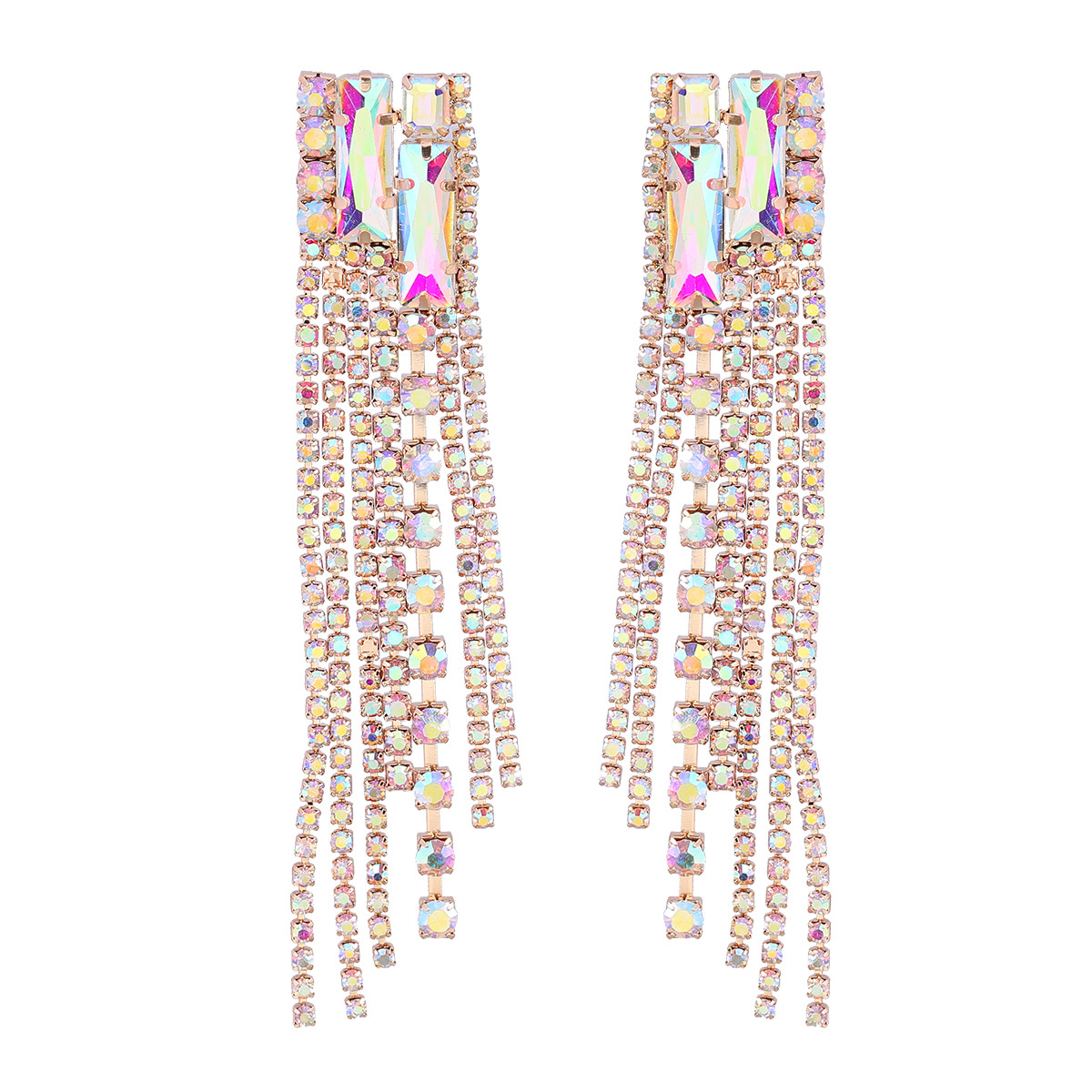 European and American exaggerated square alloy diamond-encrusted rhinestone long tassel earrings, trendy women's full diamond super fairy earrings Cxzs details Picture