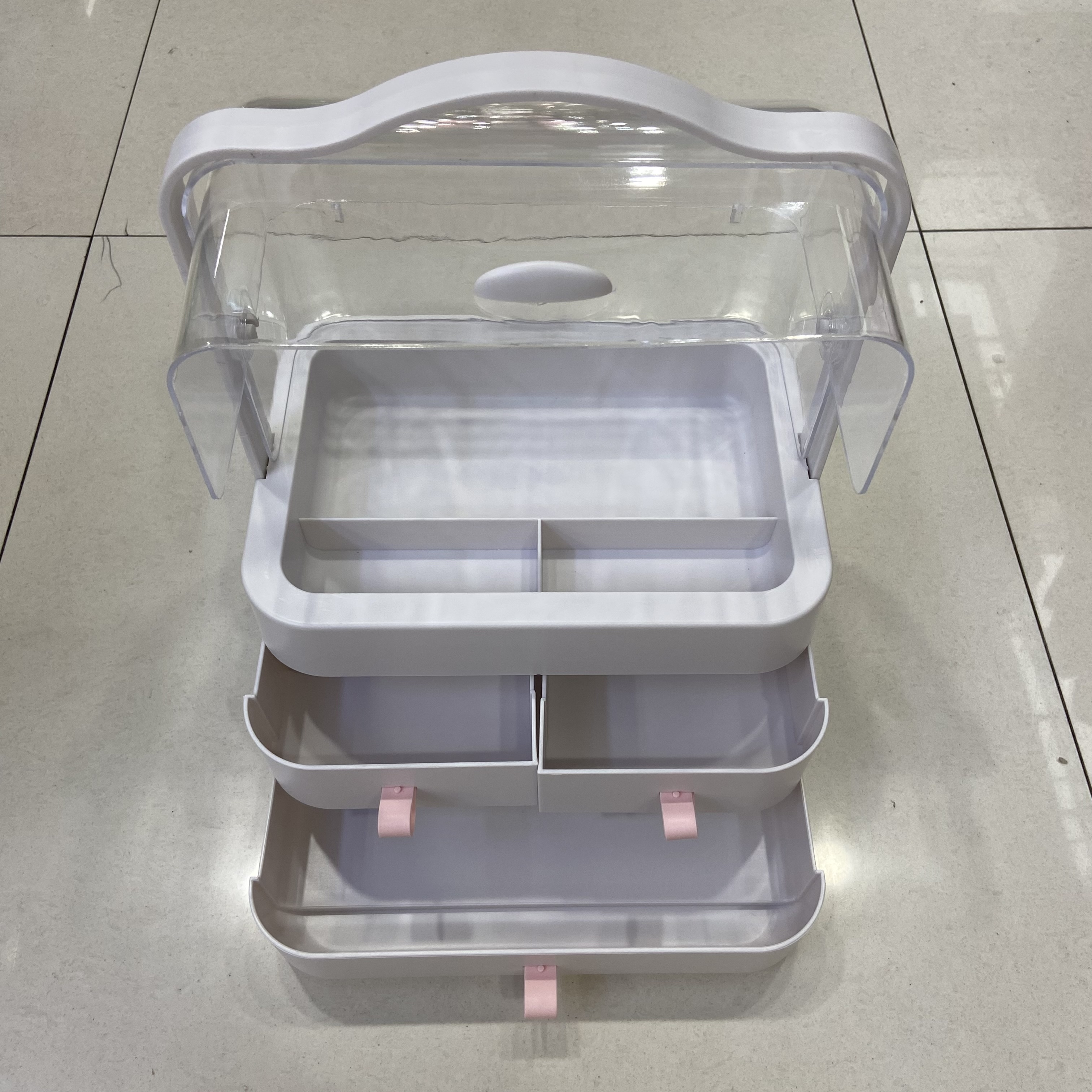 Transparent drawer-type cosmetic storage box, dressing table organization rack, desktop skin care product storage rack, dust-proof storage rack Application Scenario