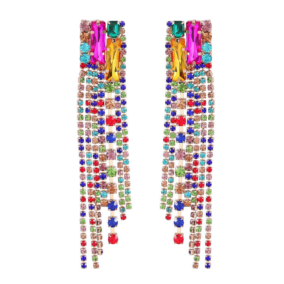 European and American exaggerated square alloy diamond-encrusted rhinestone long tassel earrings, trendy women's full diamond super fairy earrings Cxzs Specification image