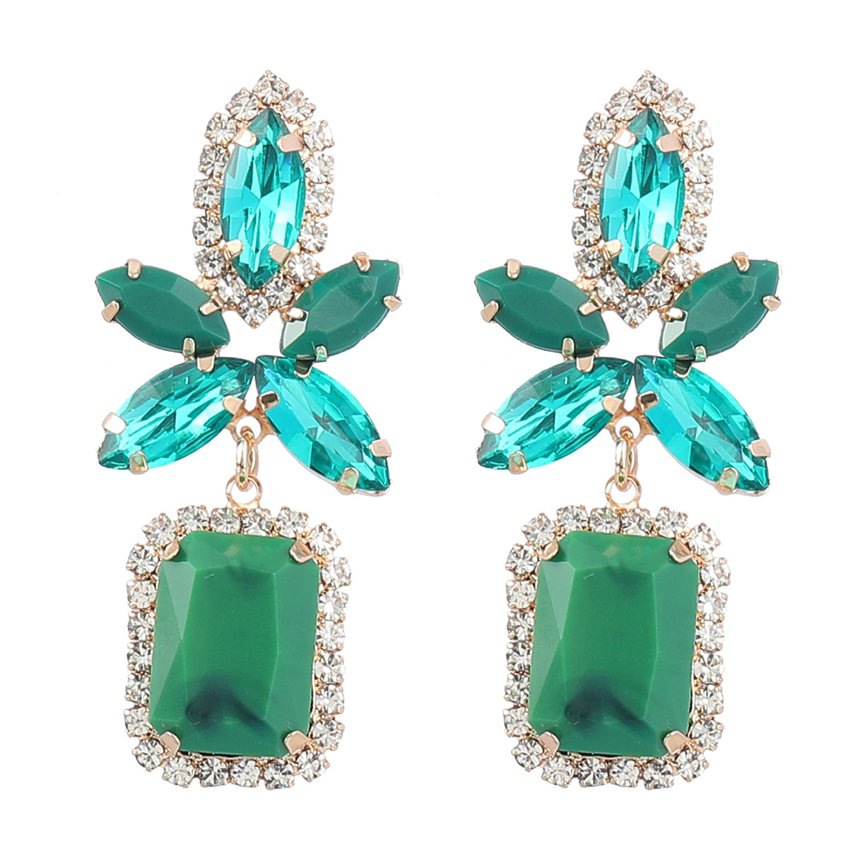 Fashionable colored diamond alloy diamond-encrusted floral square earrings, geometric earrings, trendy girls' European and American earrings Cxzs