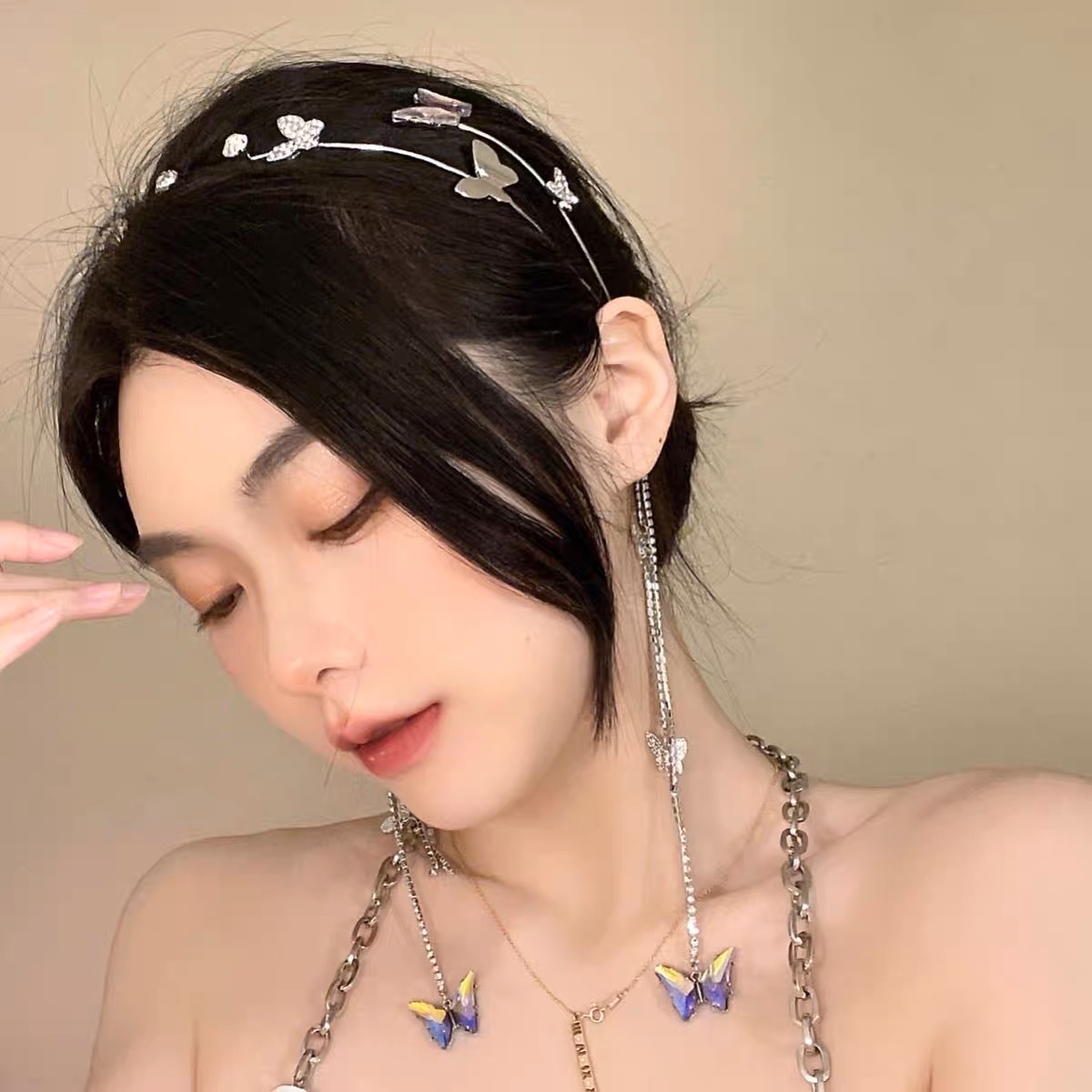 Headband Female Crystal Butterfly Flash Diamond Fairy Flow Su Sen Super Fairy Headdress Hair Card Hair Accessories Summer Fairy Beauty French Specification drawing