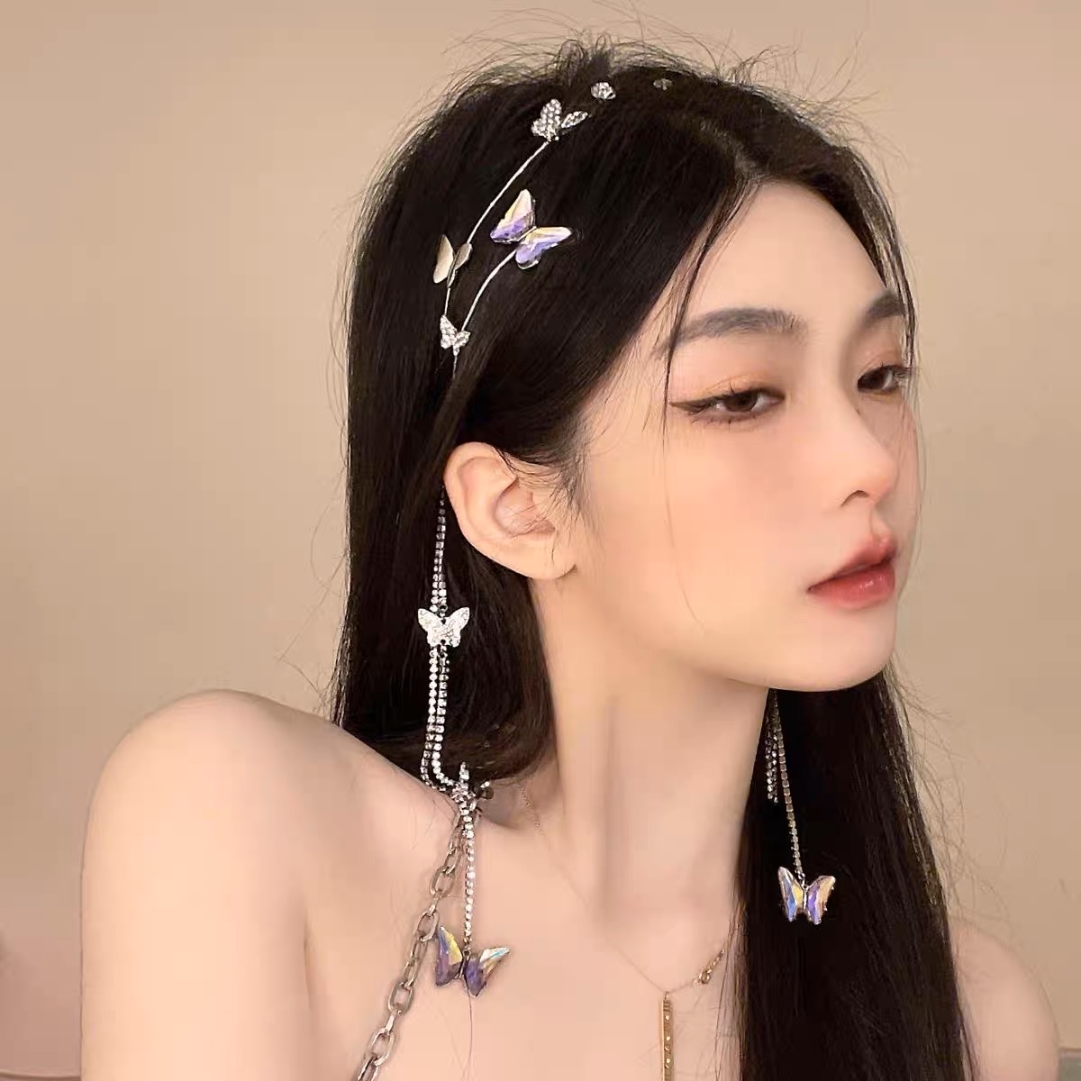 Headband Female Crystal Butterfly Flash Diamond Fairy Flow Su Sen Super Fairy Headdress Hair Card Hair Accessories Summer Fairy Beauty French Item Picture