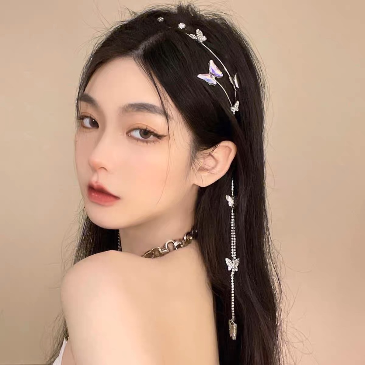 Headband Female Crystal Butterfly Flash Diamond Fairy Flow Su Sen Super Fairy Headdress Hair Card Hair Accessories Summer Fairy Beauty French