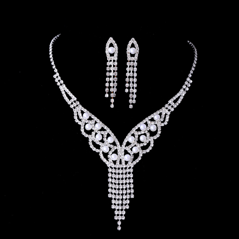 European and American retro full diamond pearl tassel collarbone necklace, earrings, claw chain, rhinestone dress, versatile necklace cxzs