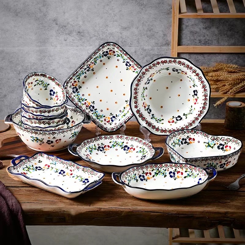 陶瓷碗盘子米饭碗微波炉汤碗沙拉碗釉下彩家用创意餐盘