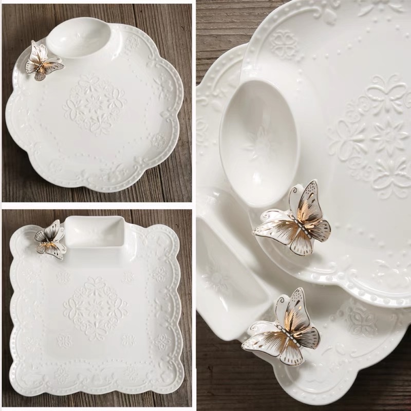 New gold-painted relief butterfly plate, ceramic dinner plate, vegetable plate, dumpling plate, fruit plate, and compartmented fruit plate Specification image