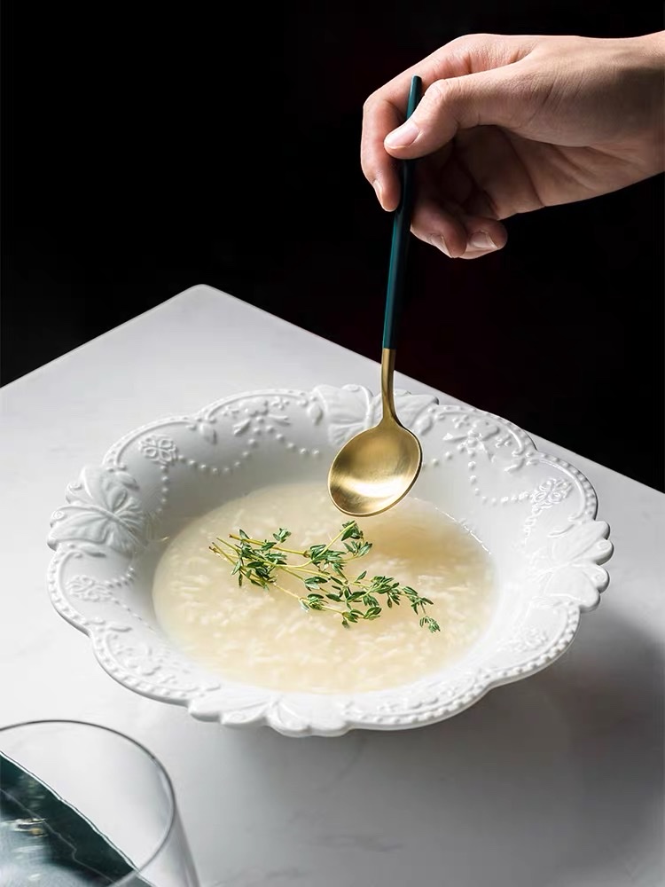 European-style retro large soup bowl 6/8/10-inch extra-large soup basin household ceramic relief tableware detail image 1