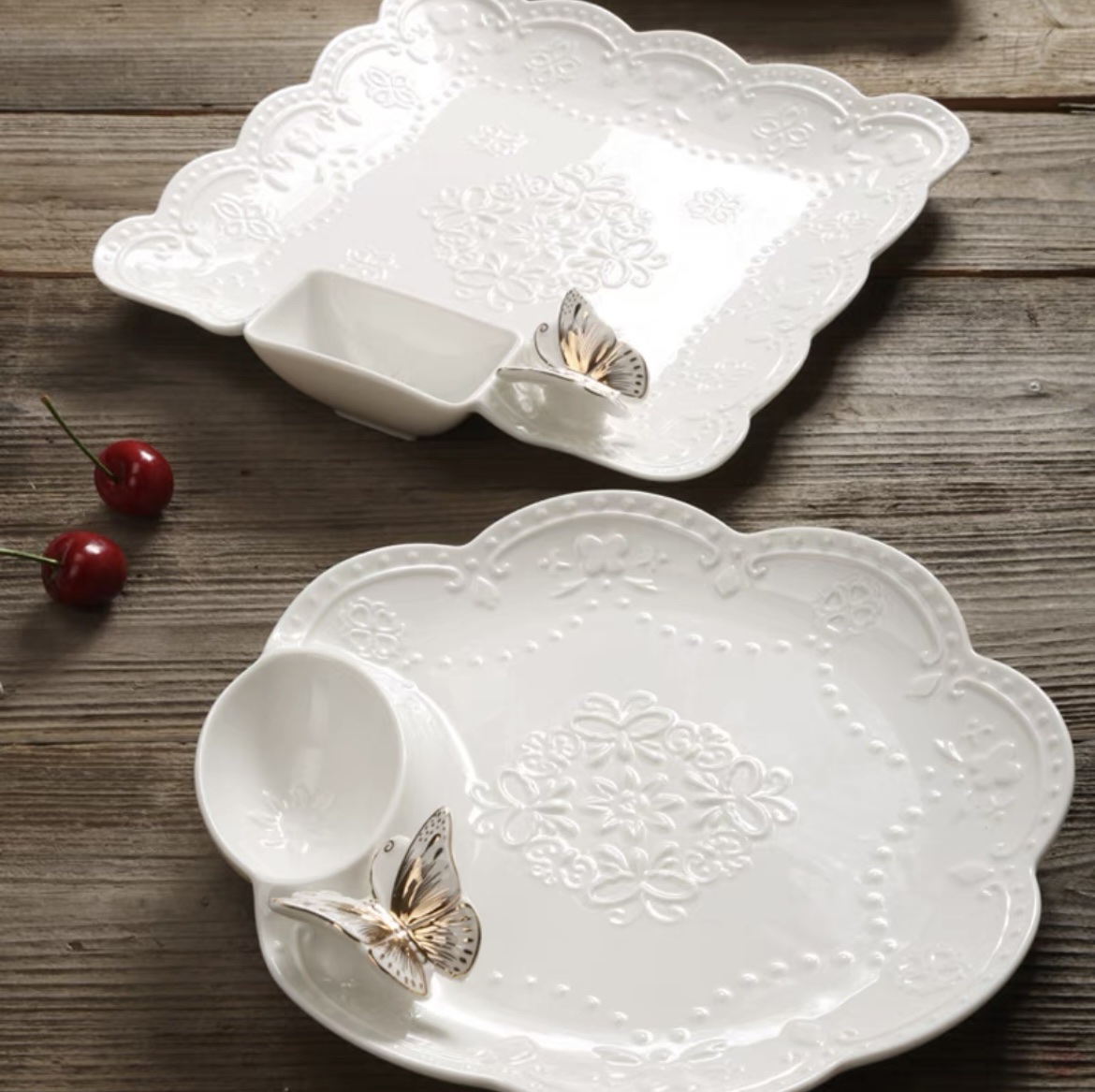 New gold-painted relief butterfly plate, ceramic dinner plate, vegetable plate, dumpling plate, fruit plate, and compartmented fruit plate details Picture