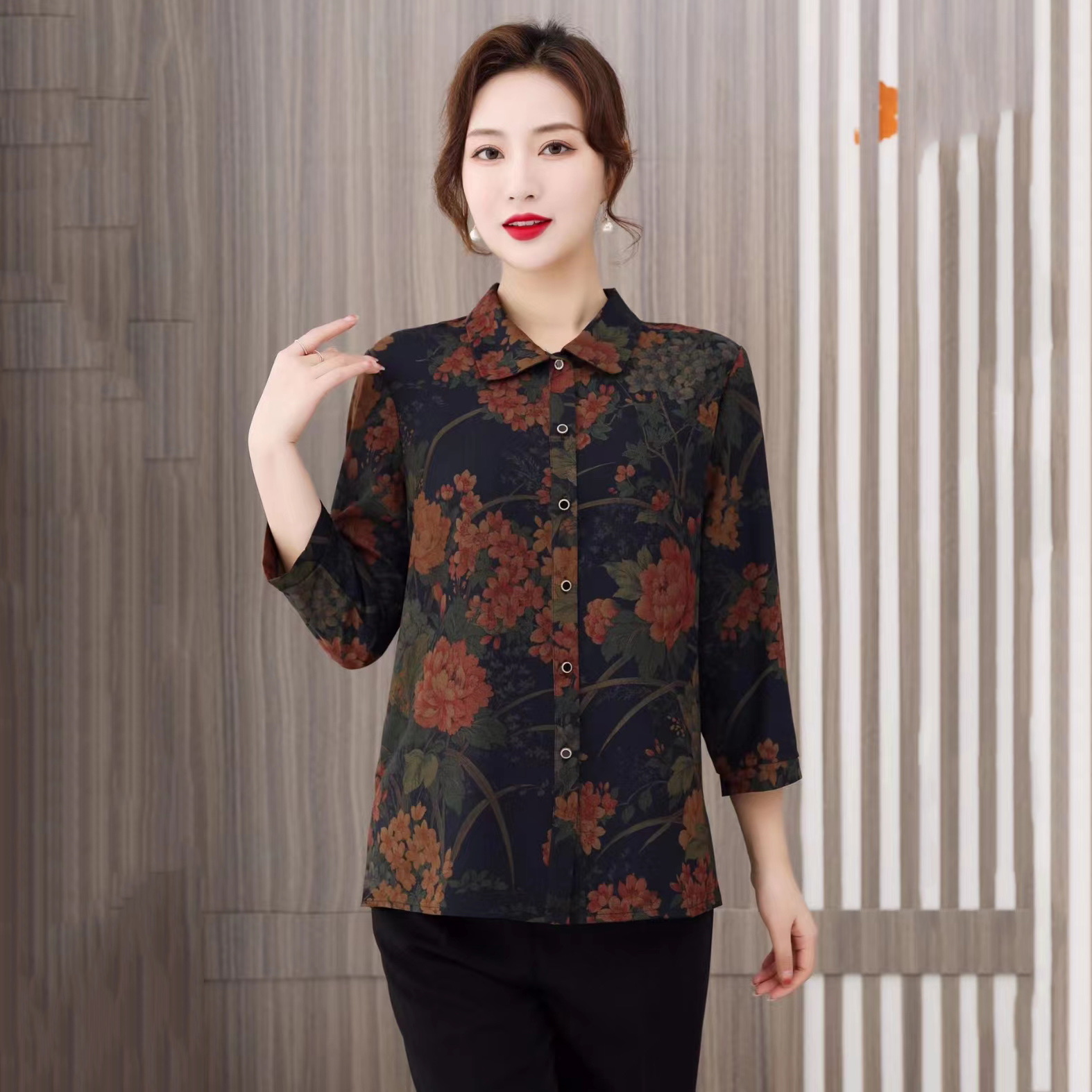 2023新款女装秋冬季上衣中老年长袖开衫仿真丝花衬衣