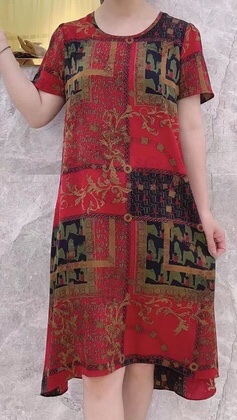 2023 New Women's Dress for Middle-aged and Elderly People XL-5XL printed short-sleeved round-neck silk-like dress details Picture