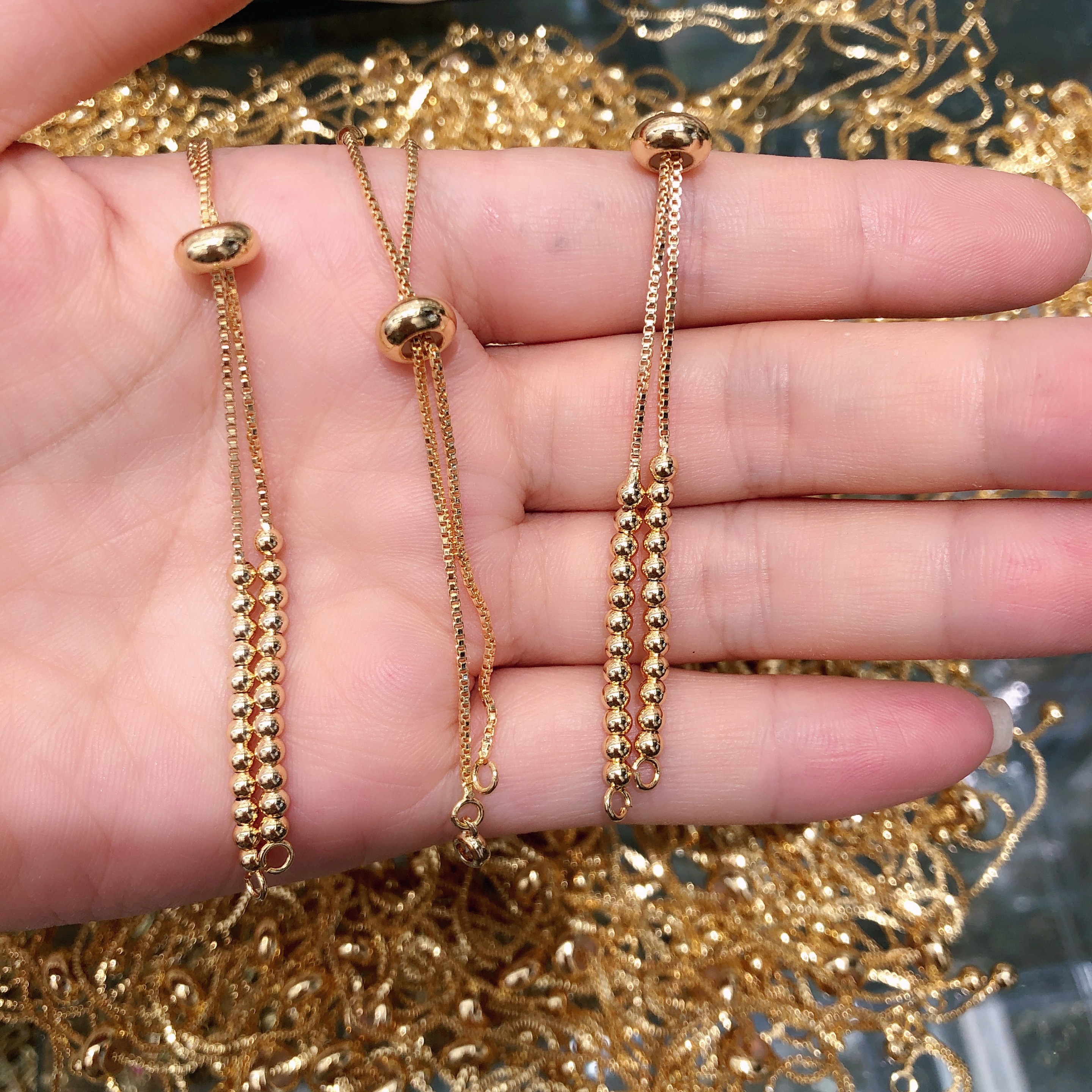 铜镀18K金盒子手链调节链硅胶珠DIY双吊延长链饰品配件详情图2