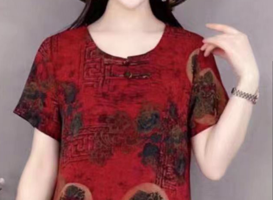 2023 New Women's Wear silk button-up dress for middle-aged and elderly people with short sleeves details Picture