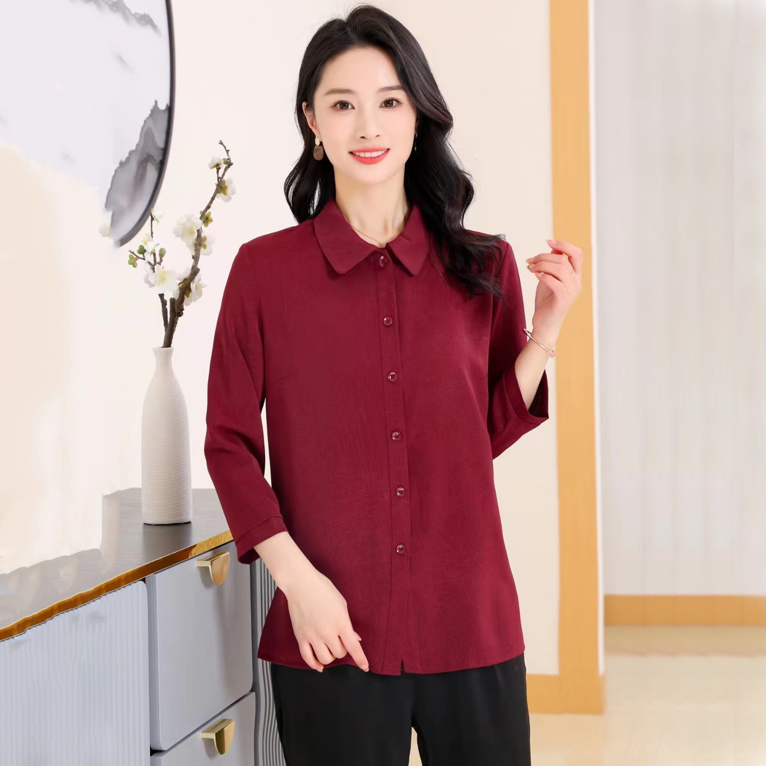 2023 New women's autumn and winter tops: Long-sleeved cardigan, silk-like dark red shirt for middle-aged and elderly people