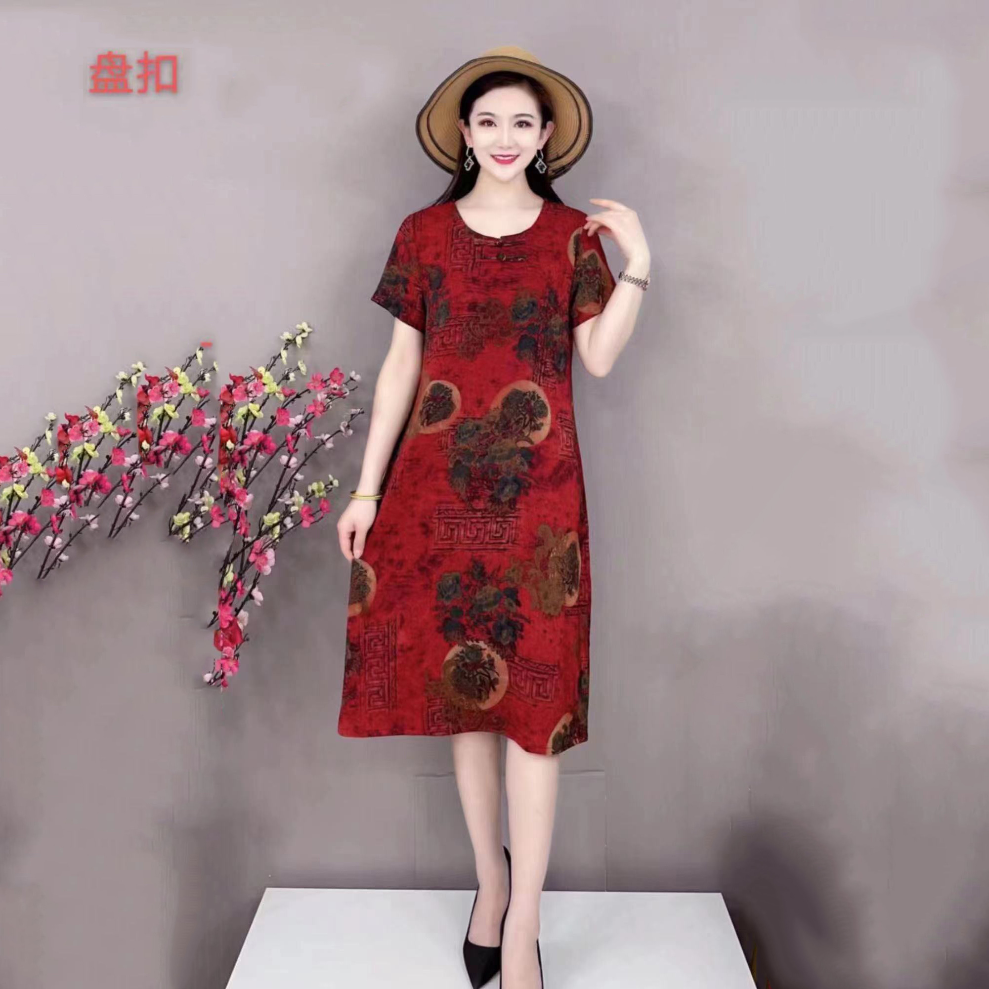 2023 New Women's Wear silk button-up dress for middle-aged and elderly people with short sleeves