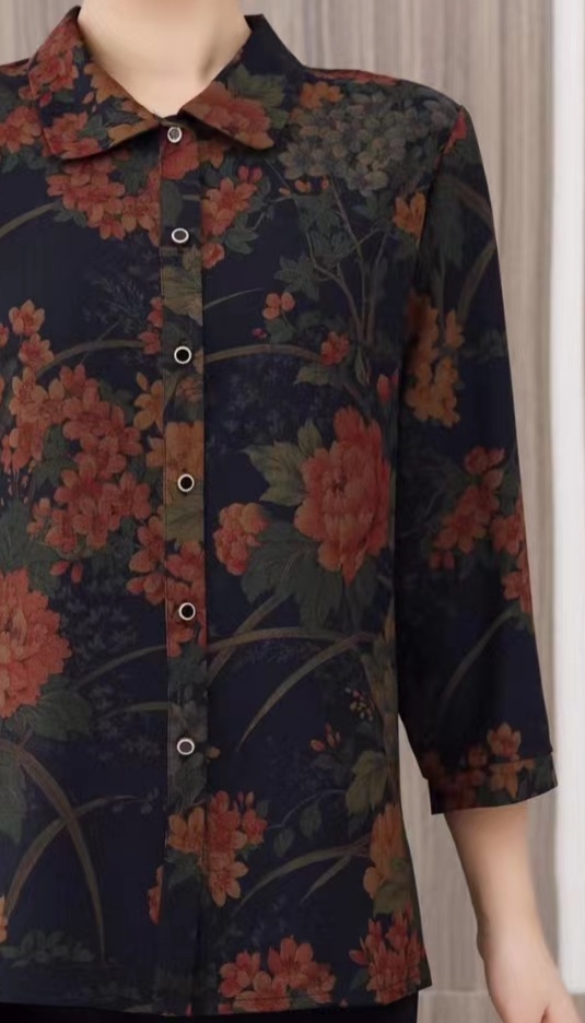 2023 New women's autumn and winter dark pattern tops, long-sleeved cardigans for middle-aged and elderly people, silk-like shirts Application Scenario