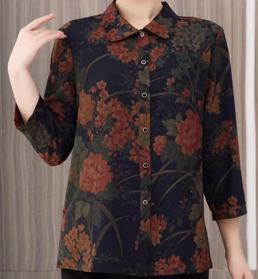 2023 New women's autumn and winter dark pattern tops, long-sleeved cardigans for middle-aged and elderly people, silk-like shirts Specification image