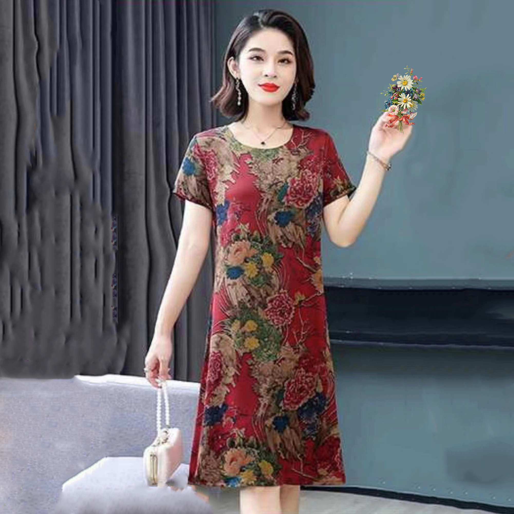 2023 New women's clothing silk-like dress for middle-aged and elderly people with large floral patterns