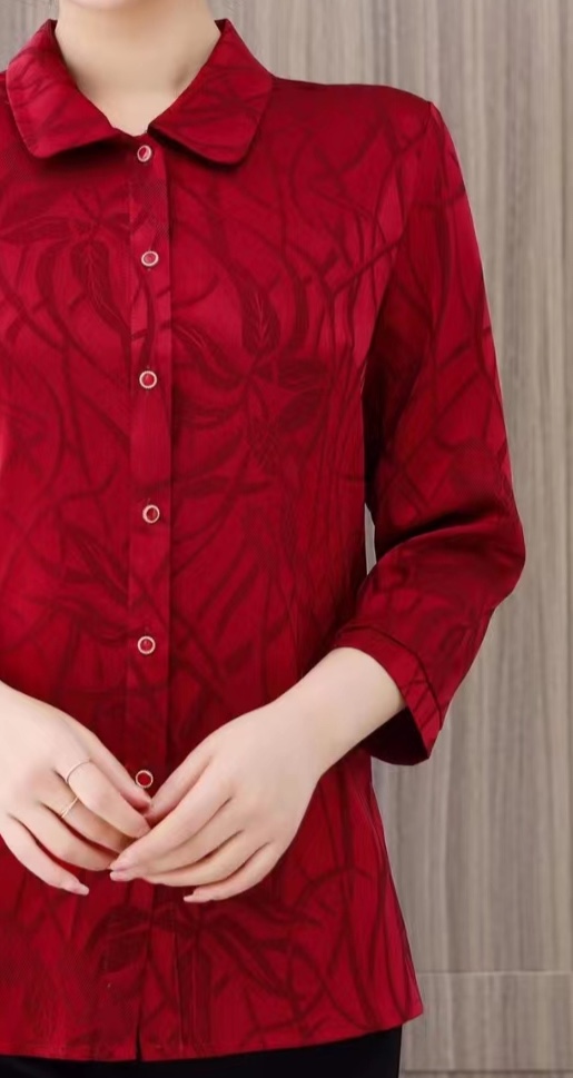 2023 New women's autumn and winter tops: Long-sleeved net red cardigan and silk-like shirt for middle-aged and elderly people Specification image
