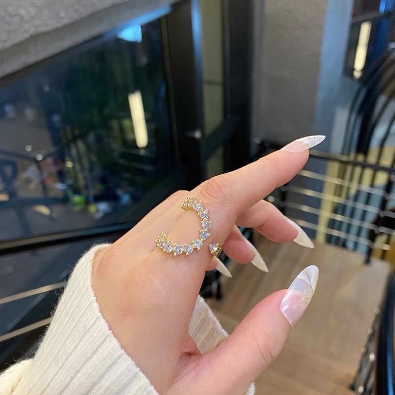 Niche Design Exaggerated Semicircle Opening Adjustable Ring Female Plated Real Gold Net Red Fashion Personality Light Luxury High Sense Micro Inset Zircon Index Finger Ring details Picture