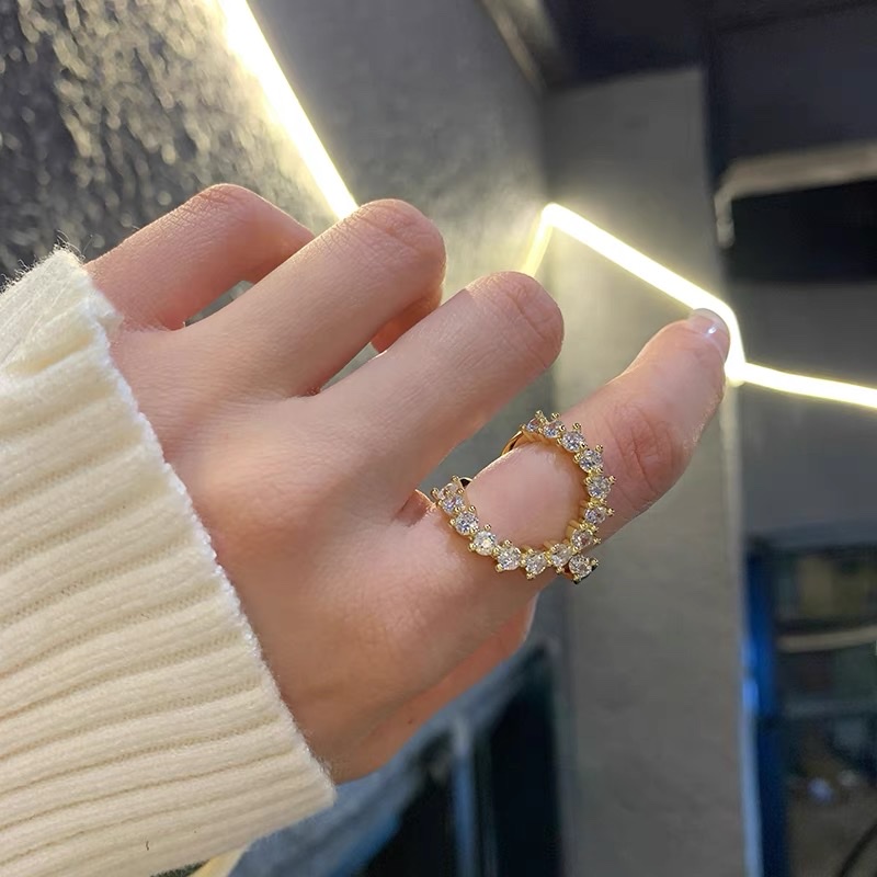 Niche Design Exaggerated Semicircle Opening Adjustable Ring Female Plated Real Gold Net Red Fashion Personality Light Luxury High Sense Micro Inset Zircon Index Finger Ring Specification drawing