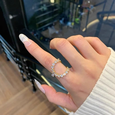 Niche Design Exaggerated Semicircle Opening Adjustable Ring Female Plated Real Gold Net Red Fashion Personality Light Luxury High Sense Micro Inset Zircon Index Finger Ring