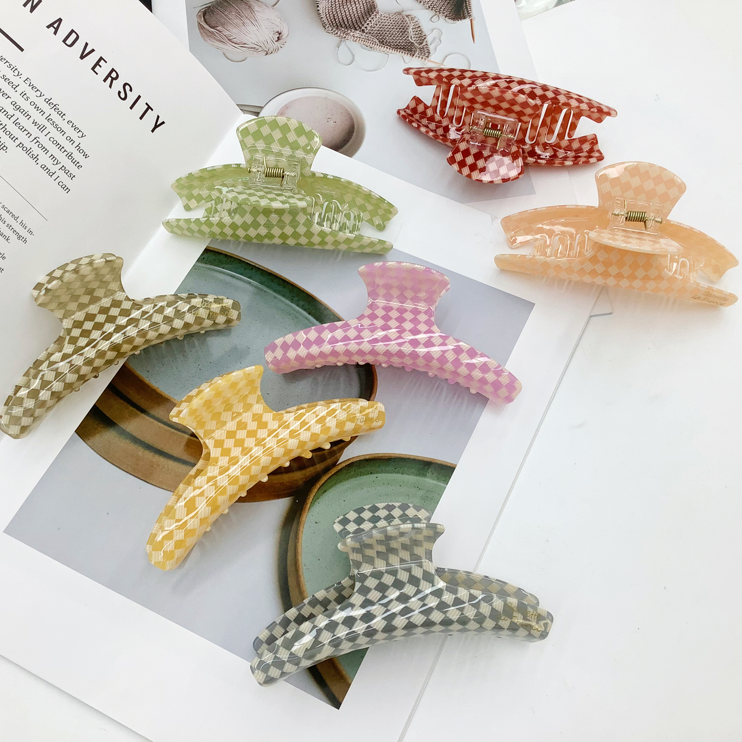 新款连体多巴胺色系格子发抓 韩版时尚简约发抓