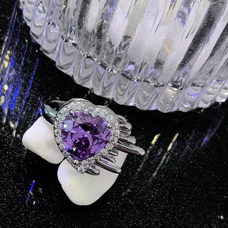 High-Grade Purple Zircon Plated Real Gold Love Open Ring Female Niche Light Luxury Spice Fashion Personality Ring Specification drawing