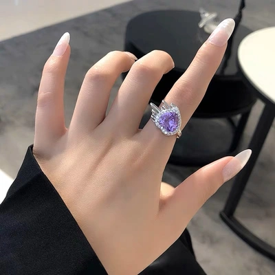 High-Grade Purple Zircon Plated Real Gold Love Open Ring Female Niche Light Luxury Spice Fashion Personality Ring
