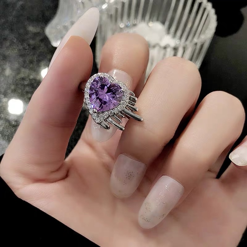 High-Grade Purple Zircon Plated Real Gold Love Open Ring Female Niche Light Luxury Spice Fashion Personality Ring details Picture