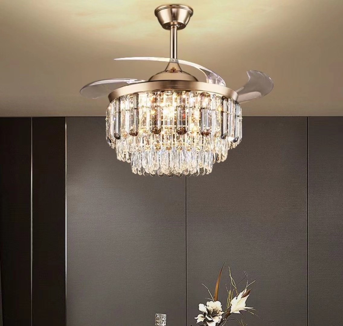 Crystal fan lamp, ceiling fan lamp, living room lamp, fan chandelier, dining room, Nordic bedroom, home light luxury fan integrated lamp