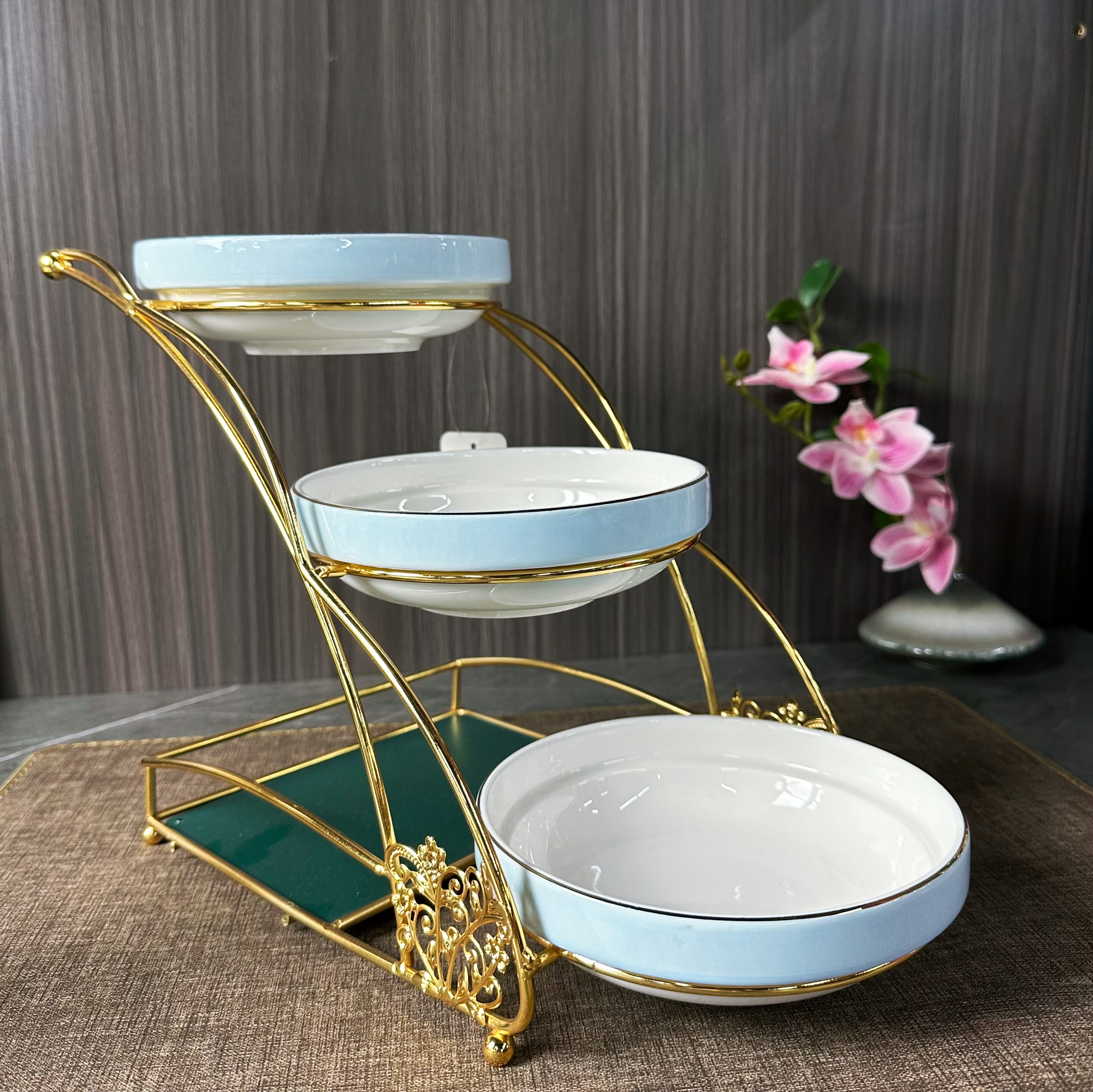 创意三层点心架金色架蓝色陶瓷碗展示架甜品架酒店餐馆用家用